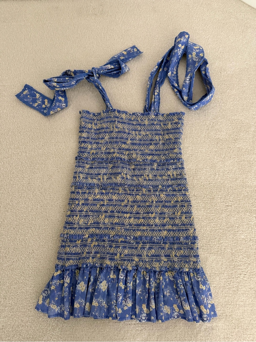 LoveShackFancy Belle Periwinkle Floral Smocked Tie-Shoulder Mini Dress - Picture 2 of 3